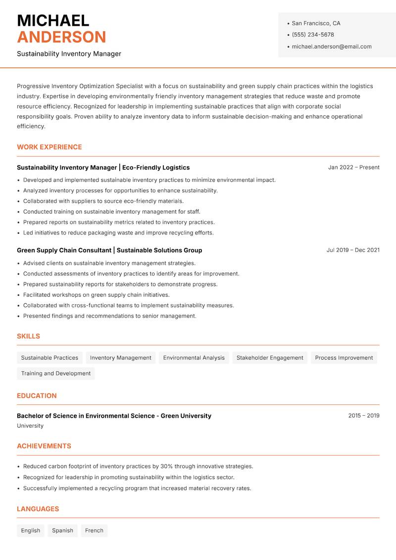 Inventory Optimization Specialist resume sample — Sustainability Inventory Manager focus