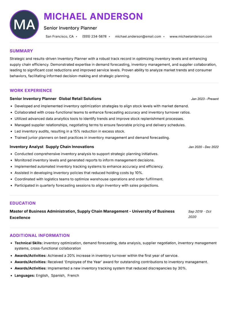 Inventory Planner resume example