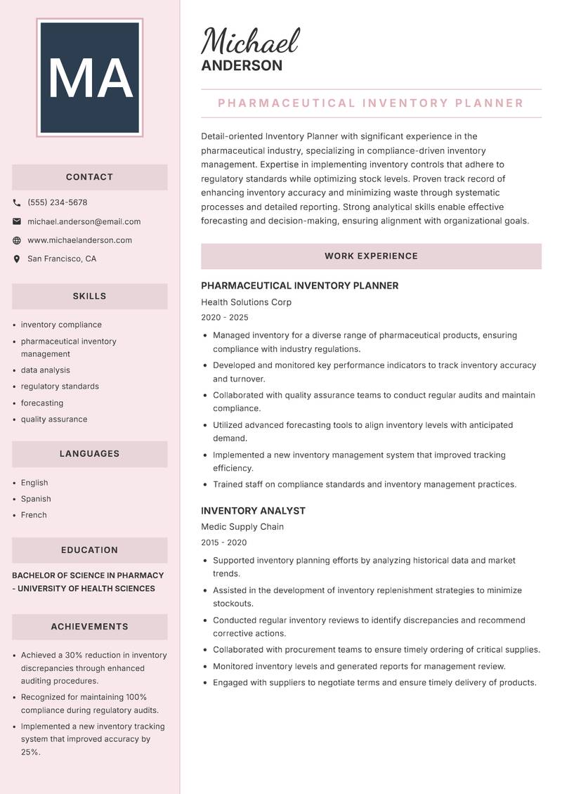 Inventory Planner resume sample — Pharmaceutical Inventory Planner focus