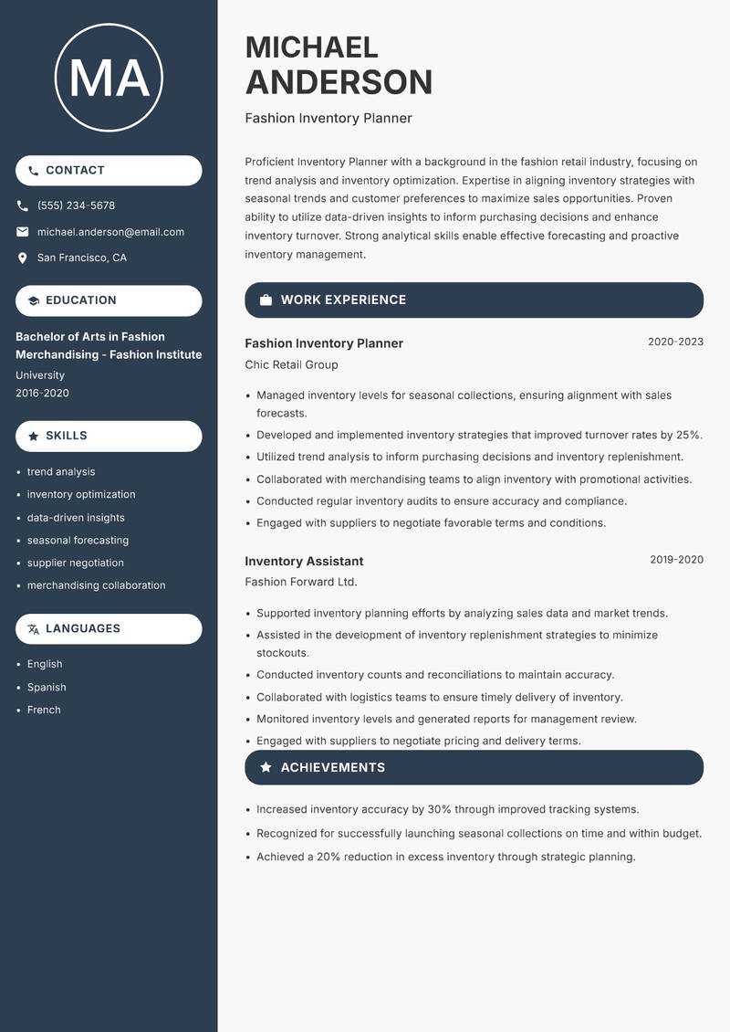 Inventory Planner resume sample — Fashion Inventory Planner focus