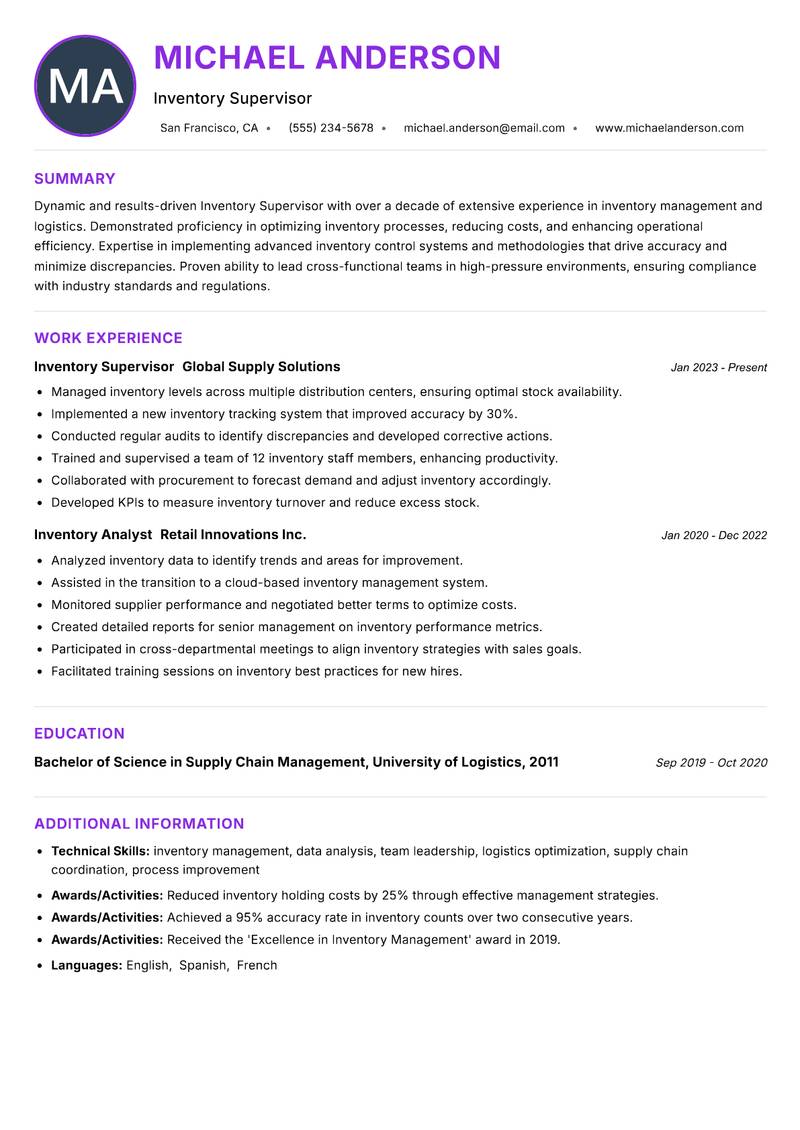 Inventory Supervisor resume example
