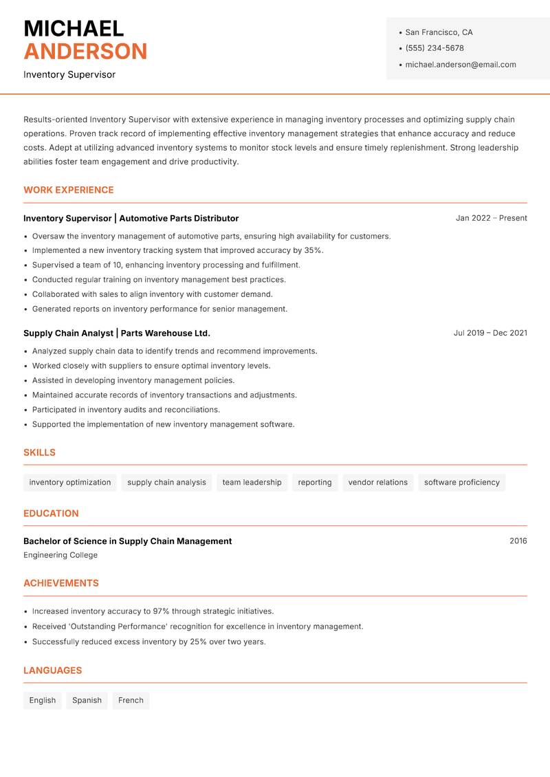 Inventory Supervisor resume sample — Inventory Supervisor focus