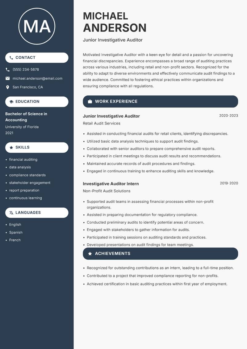 Investigative Auditor resume sample — Junior Investigative Auditor focus
