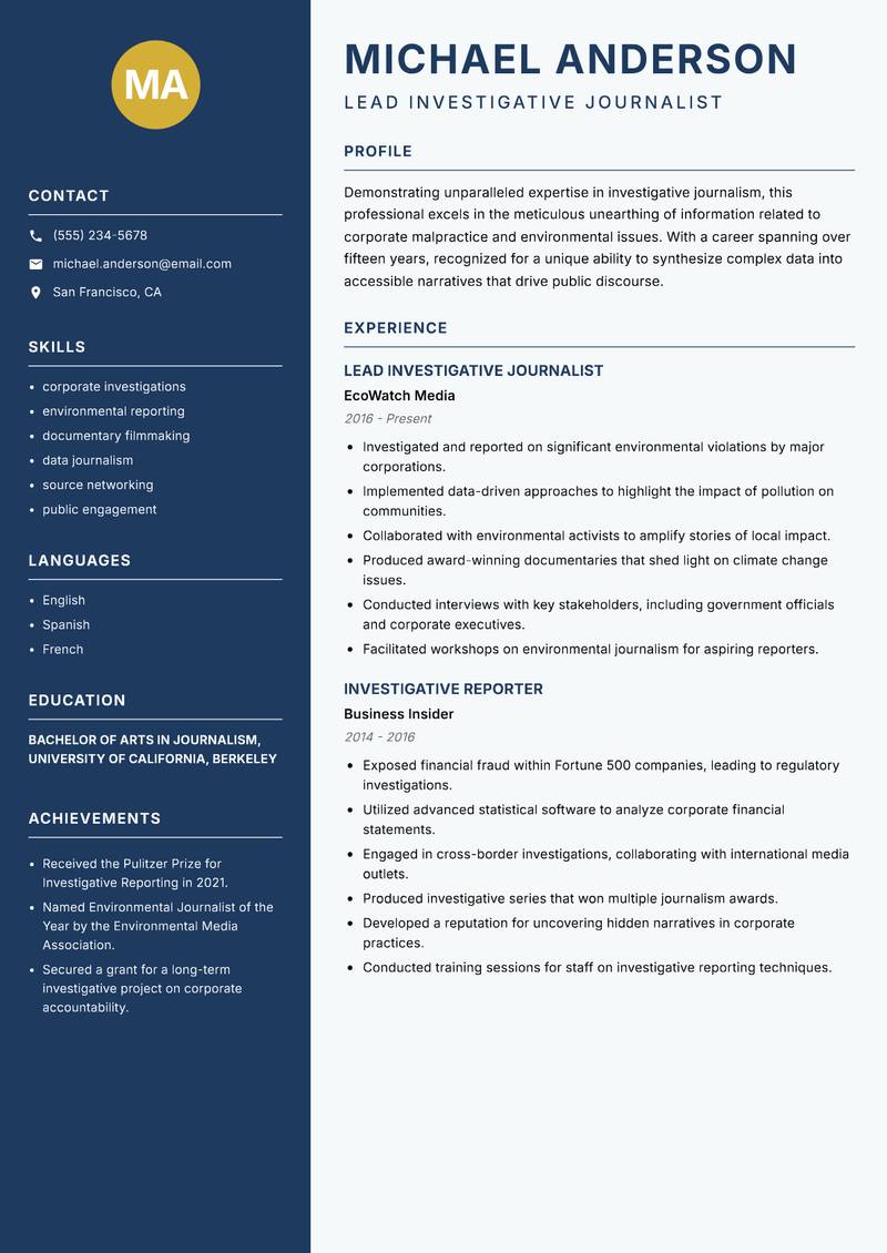 Investigative Journalist resume sample — Lead Investigative Journalist focus