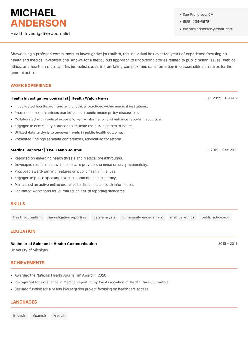 Investigative Journalist resume sample — Health Investigative Journalist focus