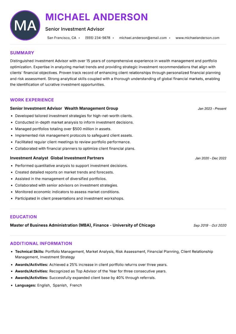 Investment Advisor resume example