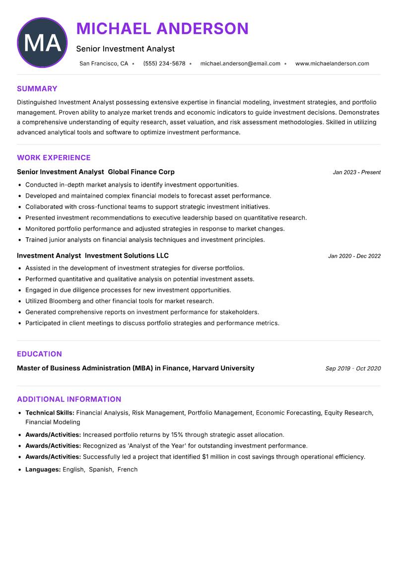 Investment Analyst resume example