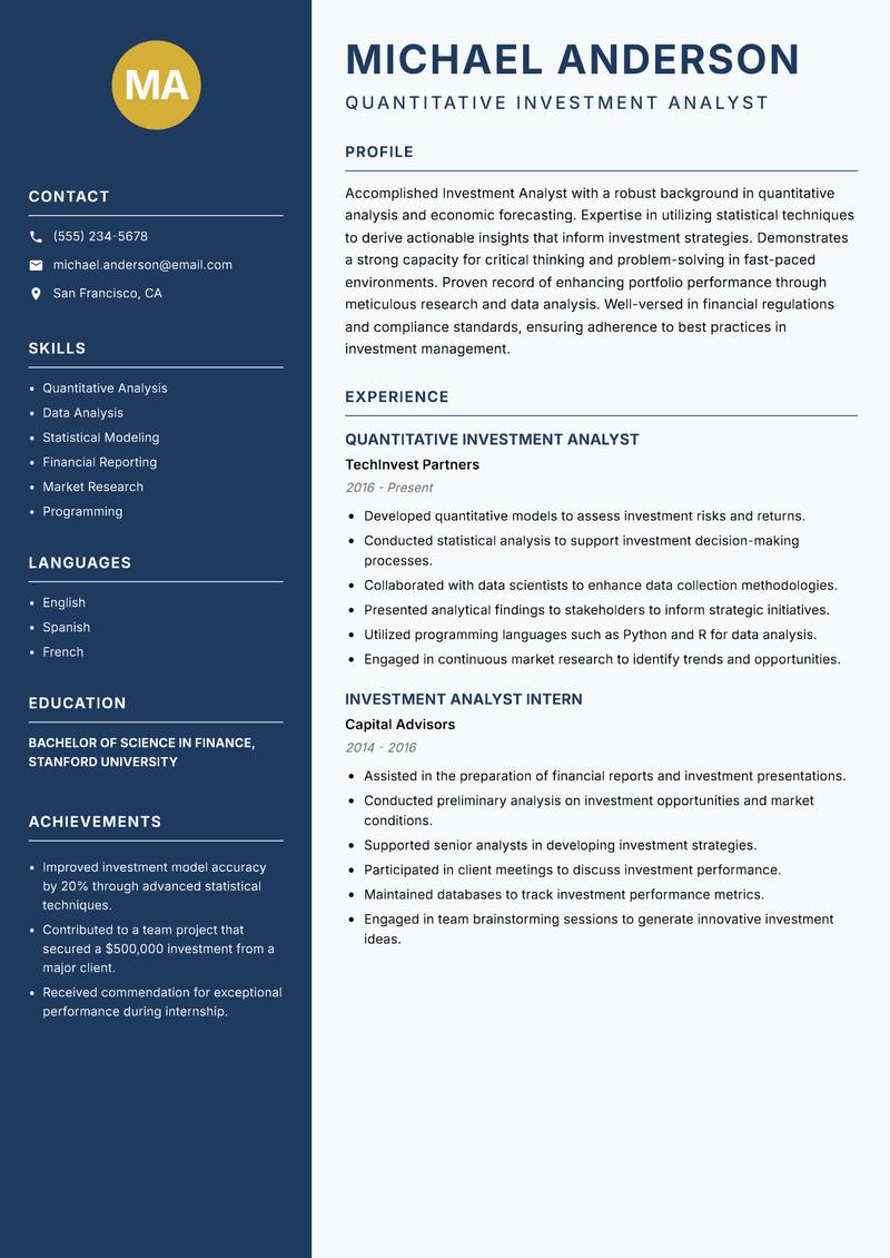 Investment Analyst resume sample — Quantitative Investment Analyst focus