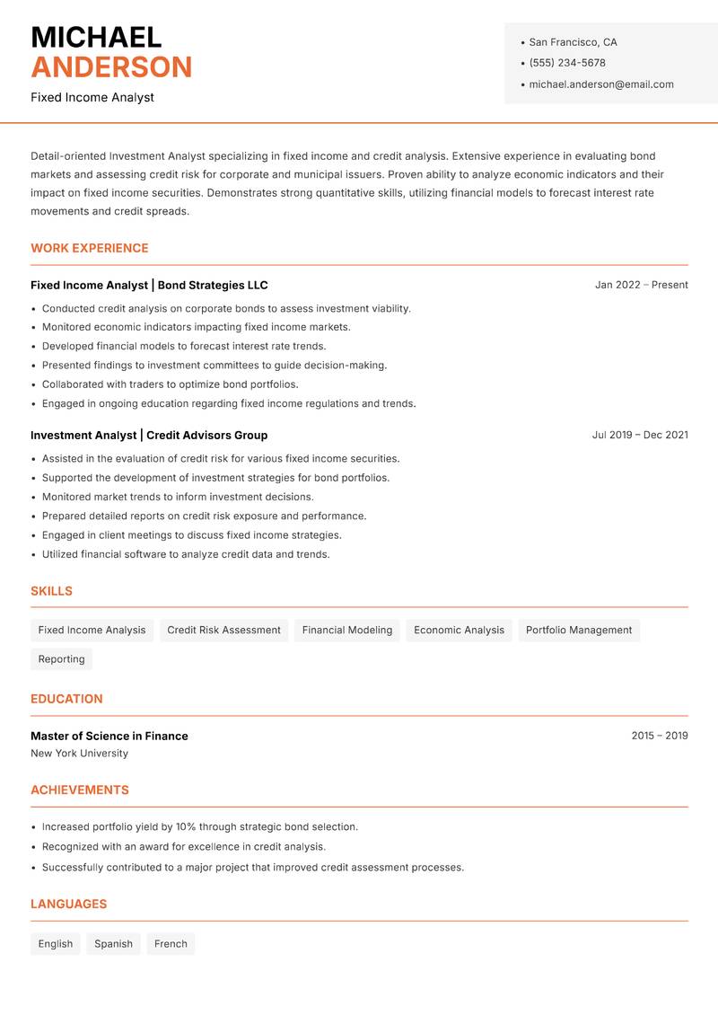Investment Analyst resume sample — Fixed Income Analyst focus