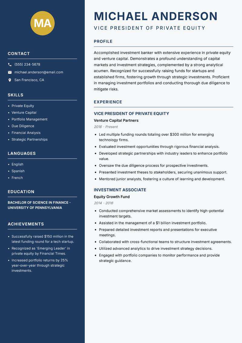 Investment Banker resume sample — Vice President of Private Equity focus