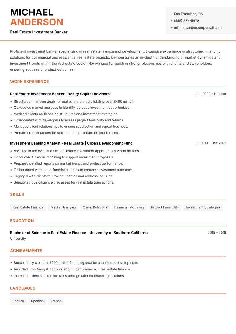 Investment Banker resume sample — Real Estate Investment Banker focus
