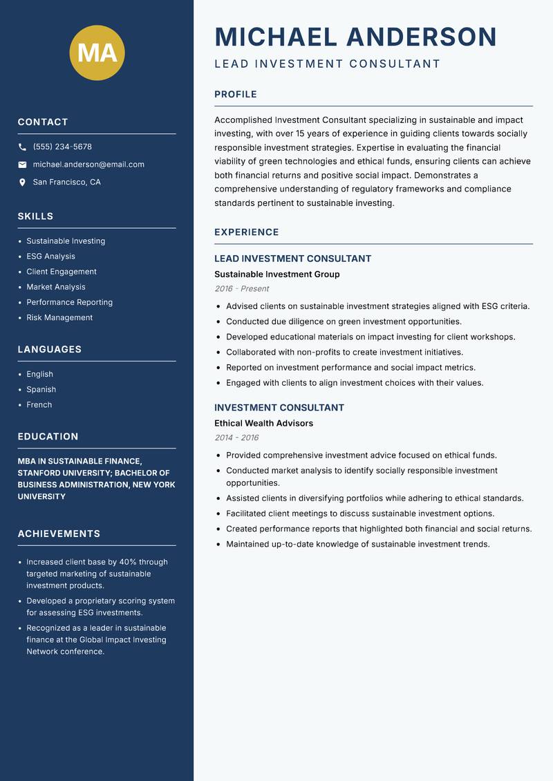 Investment Consultant resume sample — Lead Investment Consultant focus