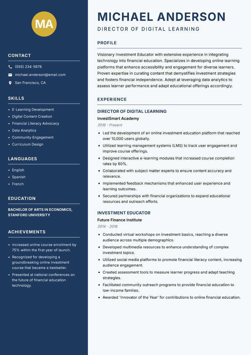 Investment Educator resume sample — Director of Digital Learning focus