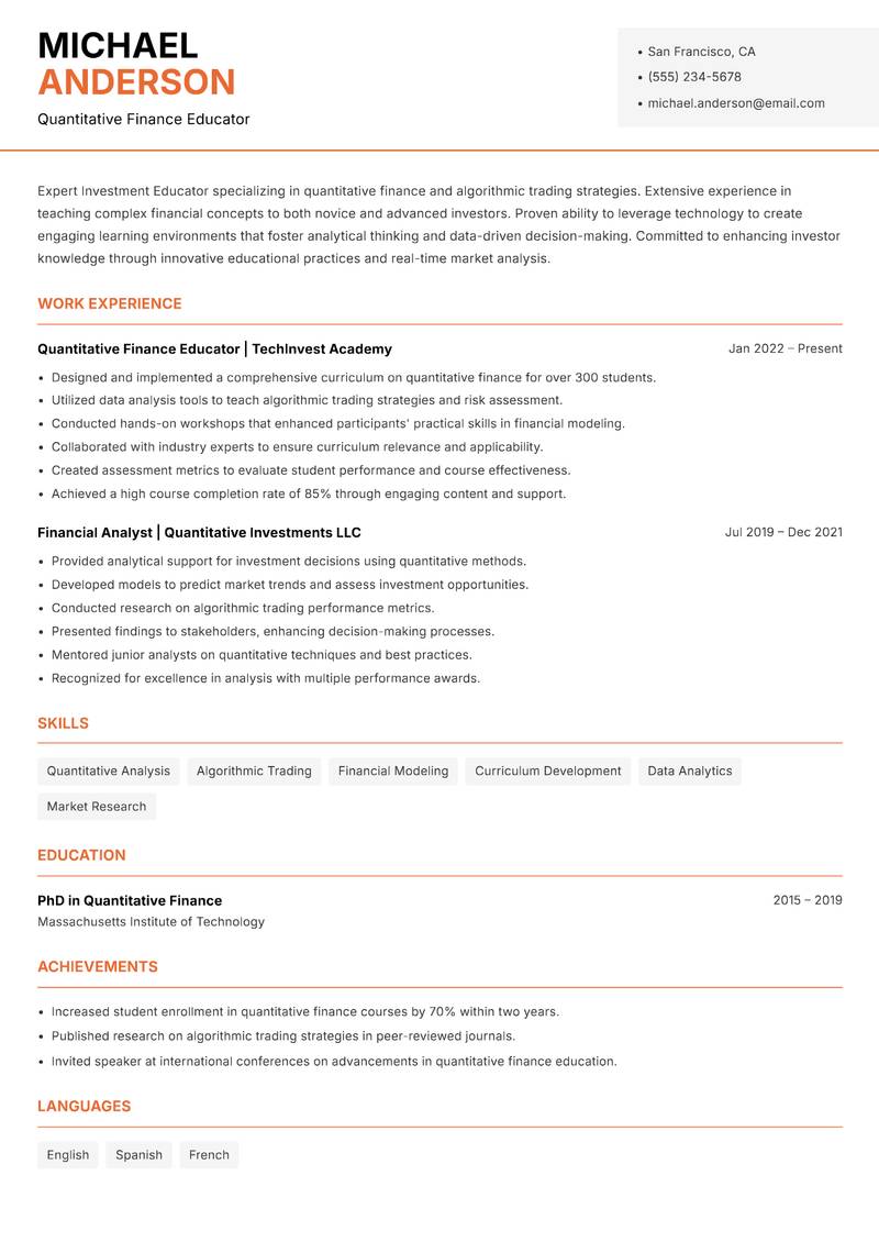 Investment Educator resume sample — Quantitative Finance Educator focus
