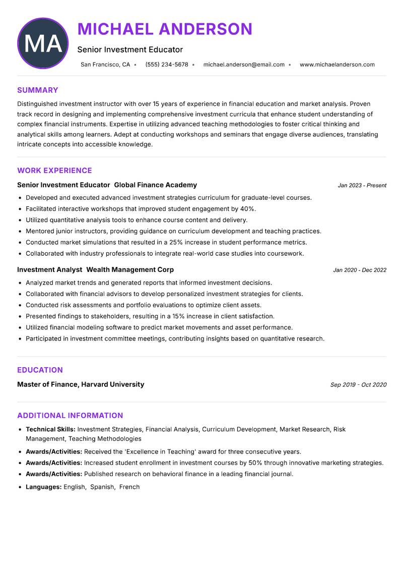Investment Instructor resume example