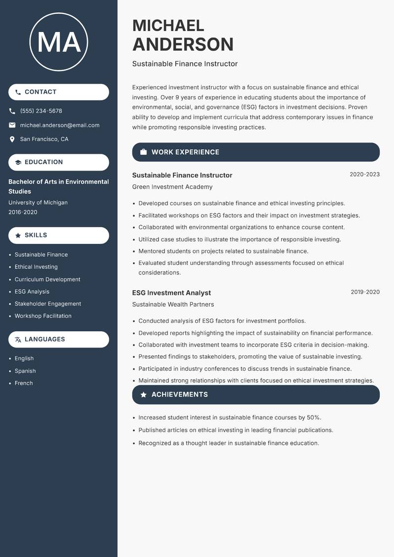 Investment Instructor resume sample — Sustainable Finance Instructor focus