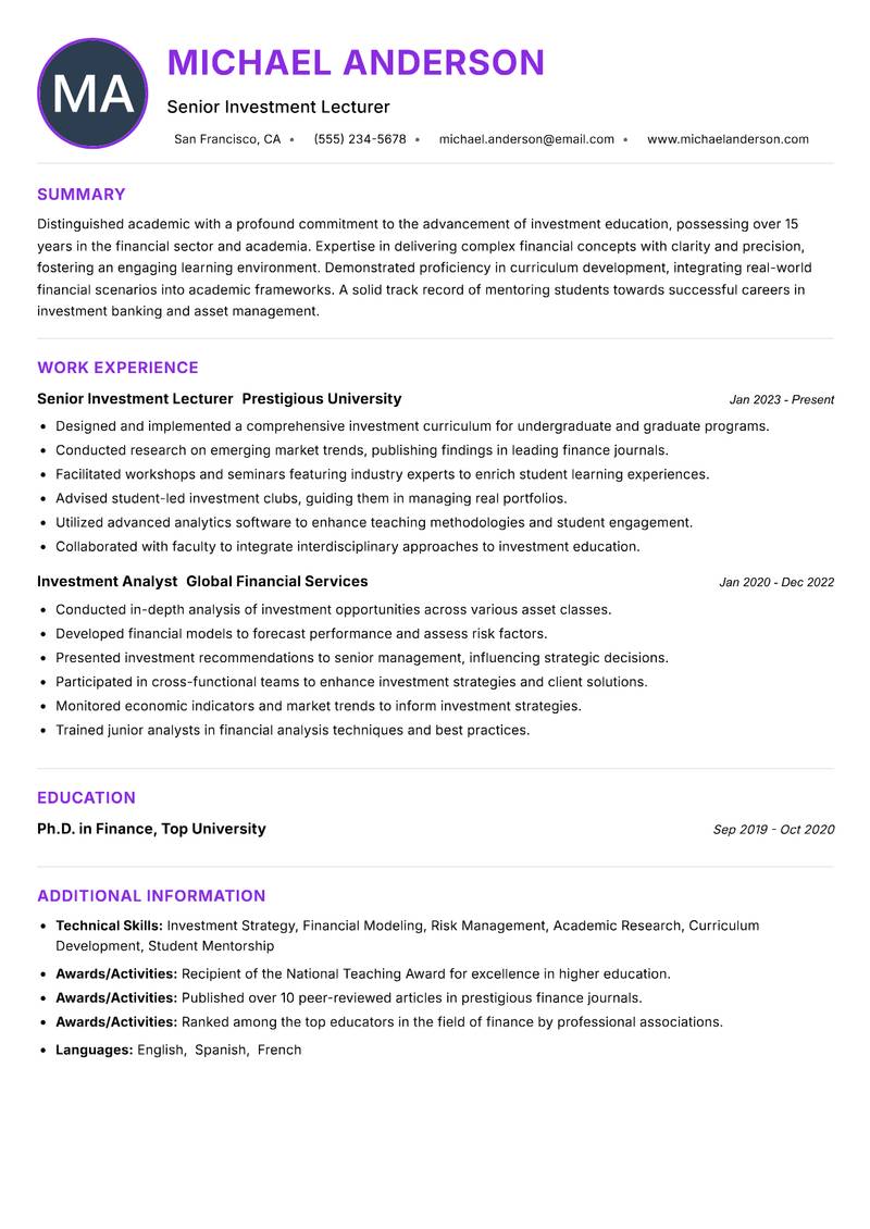 Investment Lecturer resume example