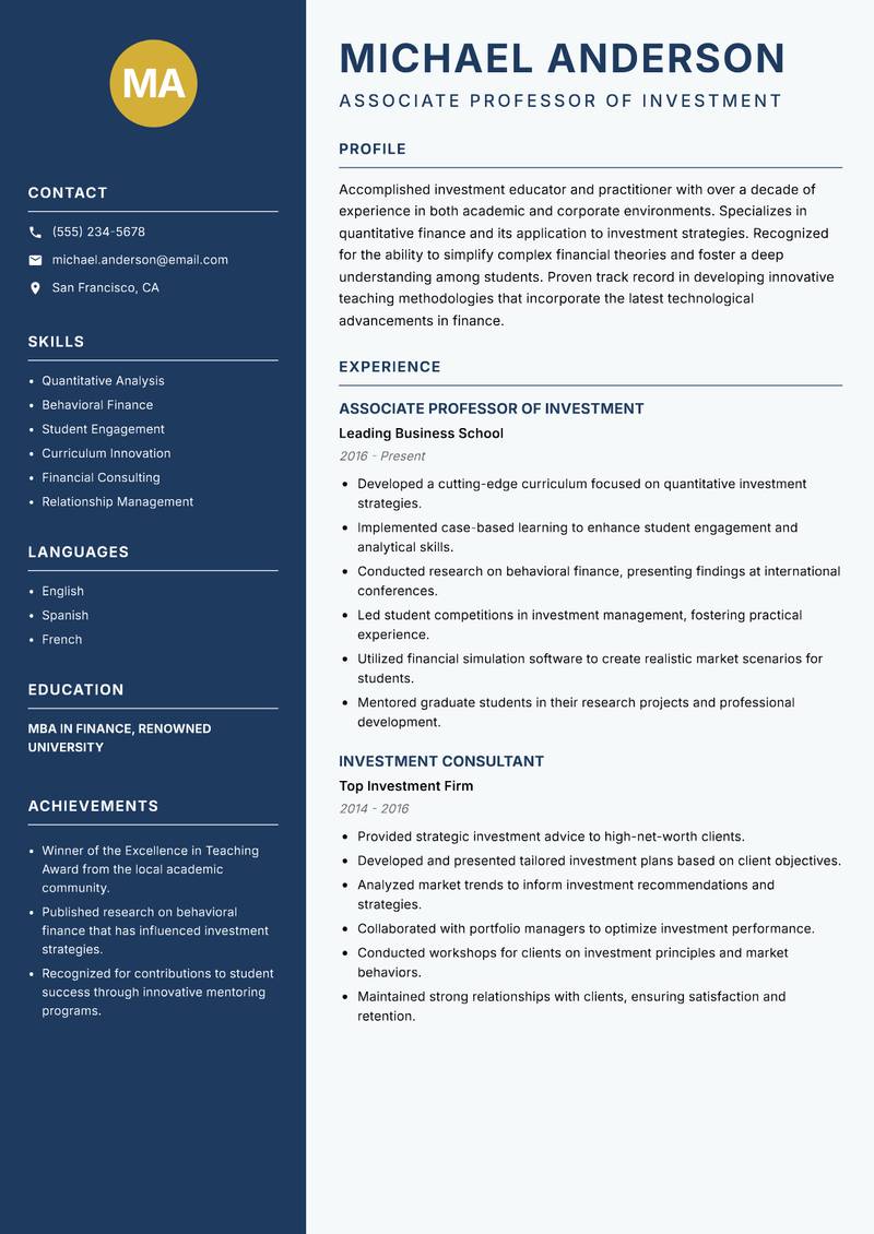 Investment Lecturer resume sample — Associate Professor of Investment focus