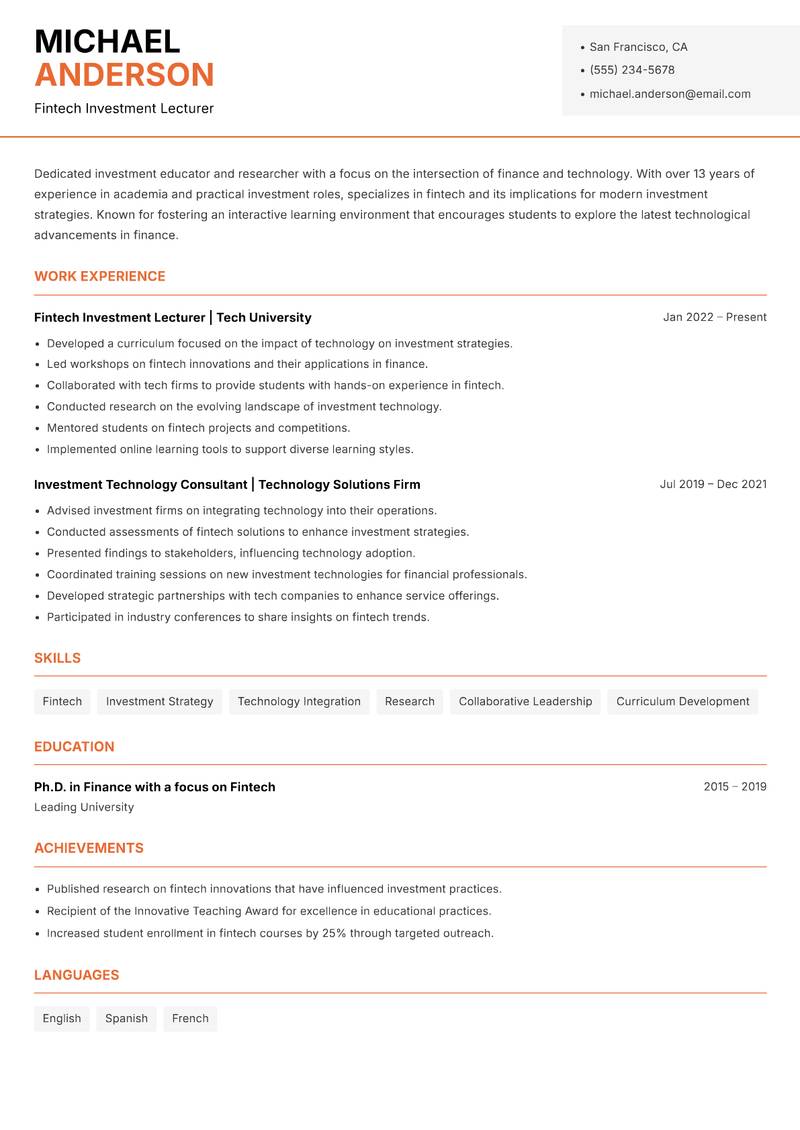 Investment Lecturer resume sample — Fintech Investment Lecturer focus