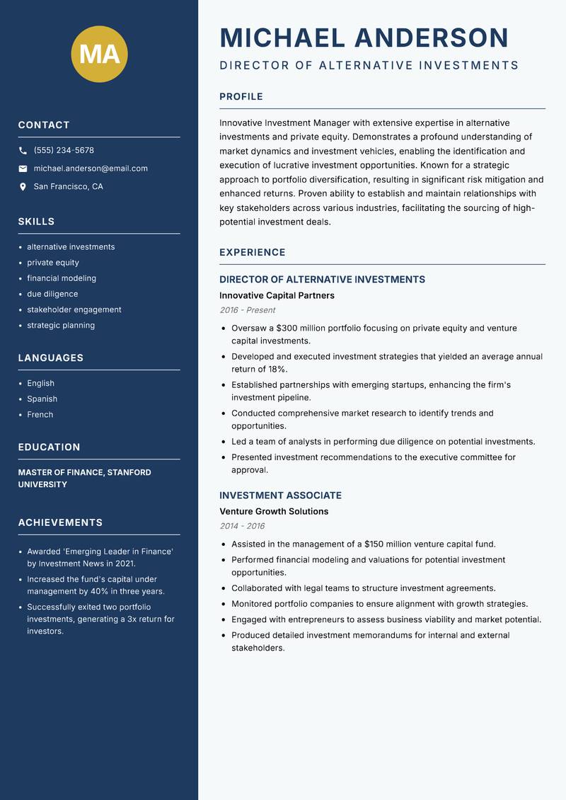 Investment Manager resume sample — Director of Alternative Investments focus