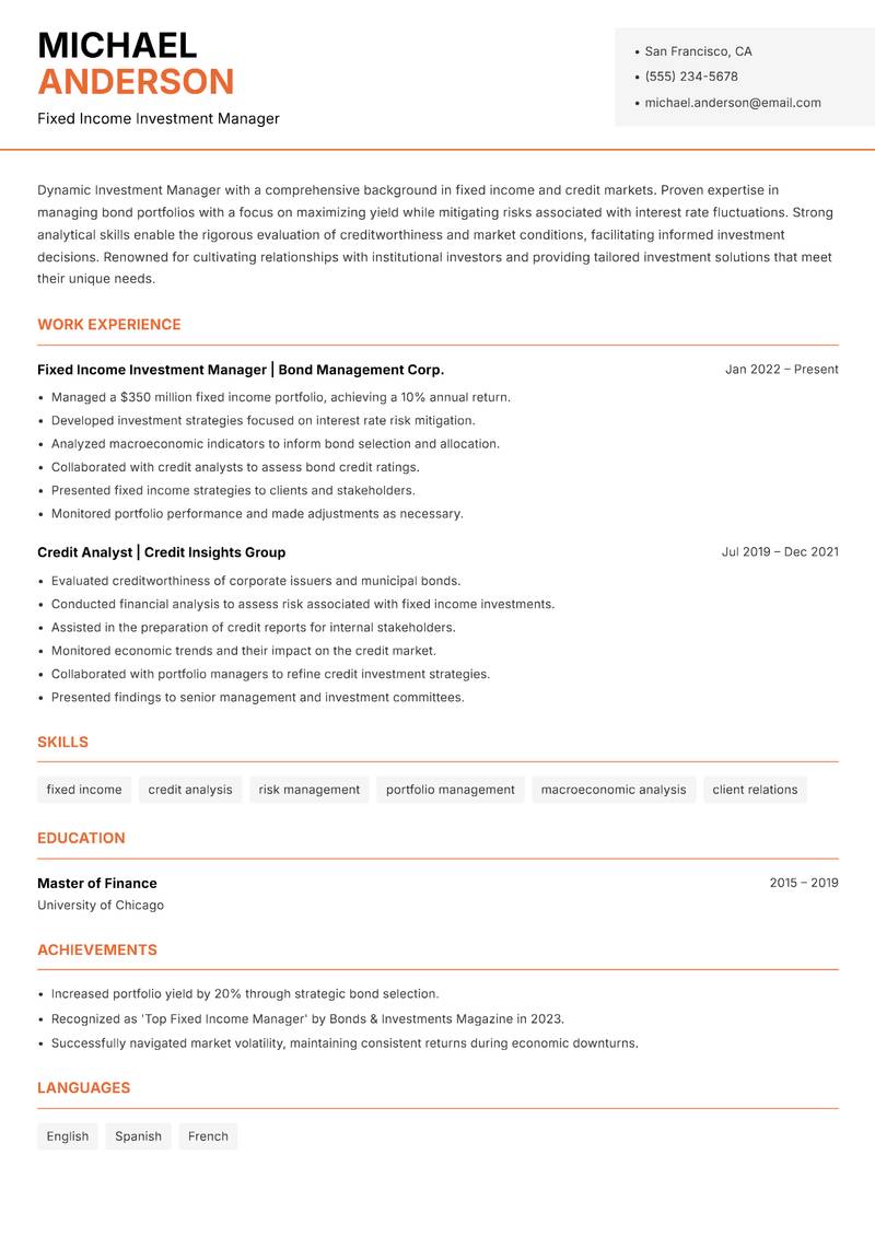 Investment Manager resume sample — Fixed Income Investment Manager focus
