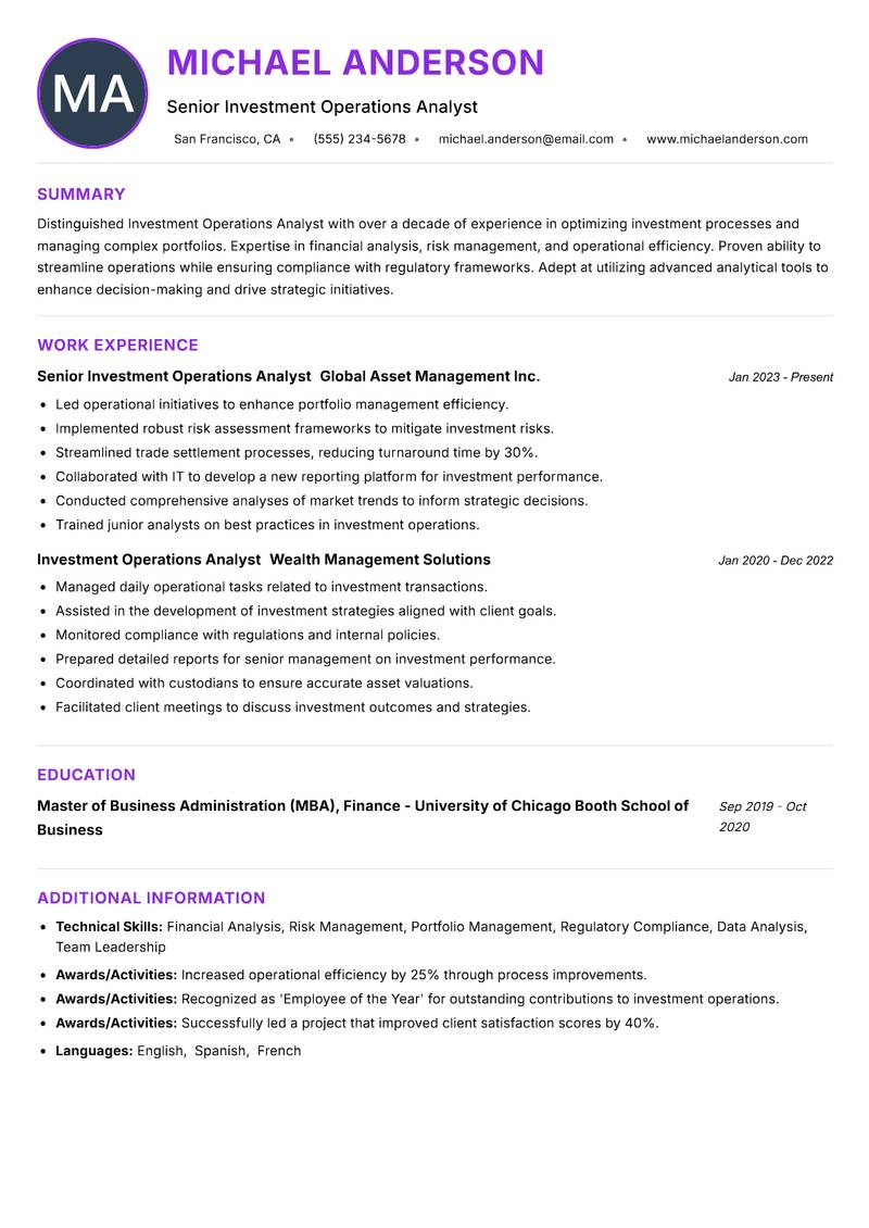 Investment Operations Analyst resume example
