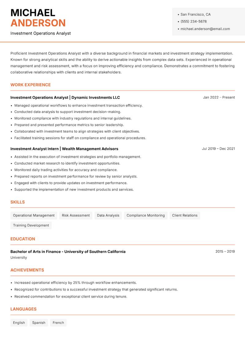 Investment Operations Analyst resume sample — Investment Operations Analyst focus