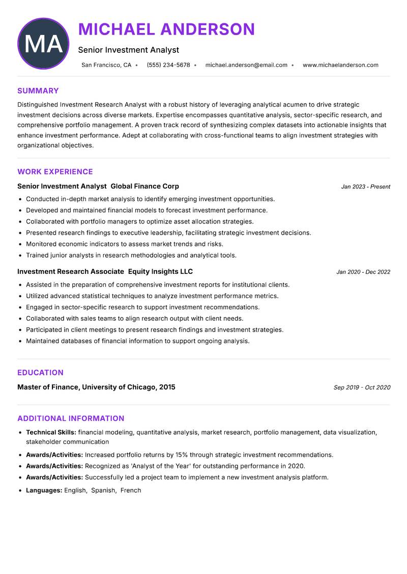 Investment Research Analyst resume example