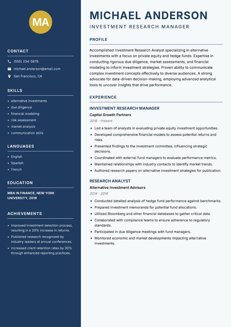 Investment Research Analyst resume sample — Investment Research Manager focus