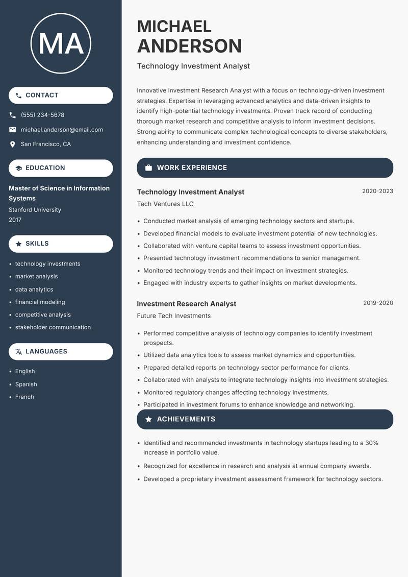 Investment Research Analyst resume sample — Technology Investment Analyst focus