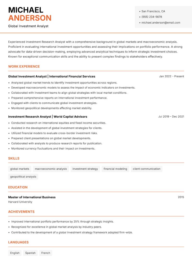 Investment Research Analyst resume sample — Global Investment Analyst focus