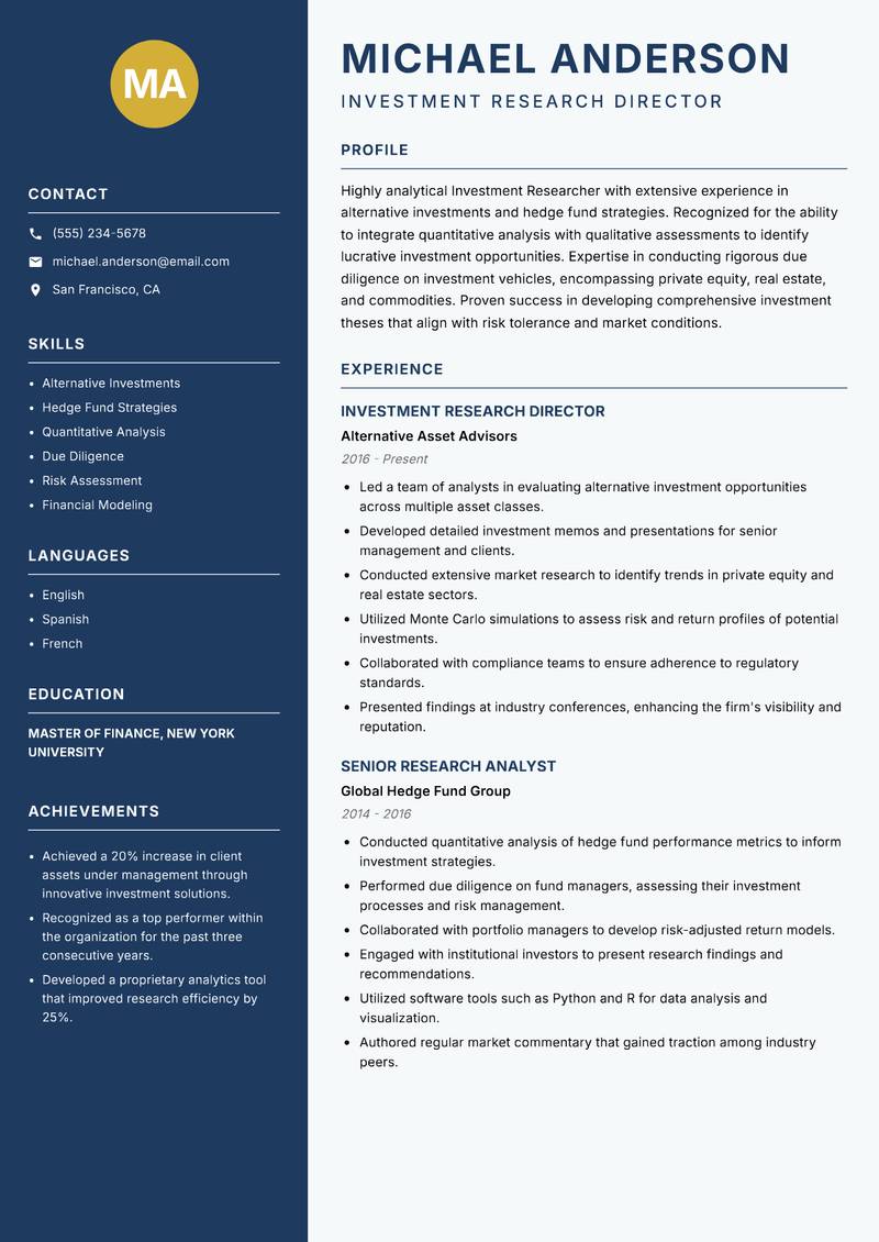 Investment Researcher resume sample — Investment Research Director focus