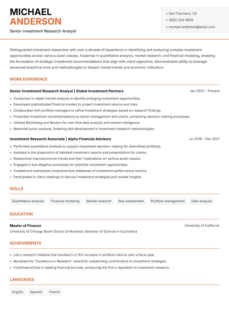 Investment Researcher resume sample — Senior Investment Research Analyst focus