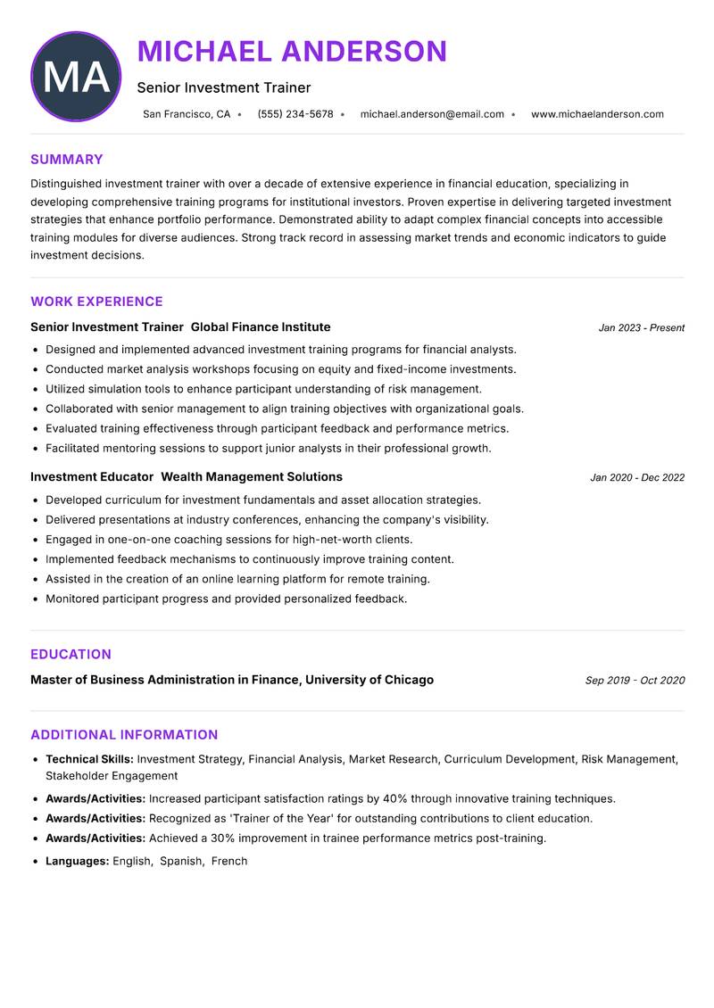 Investment Trainer resume example