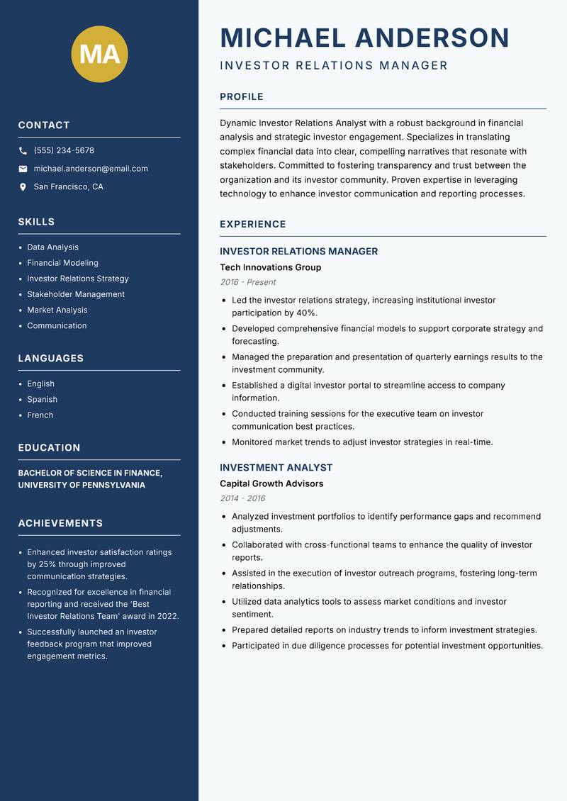 Investor Relations Analyst resume sample — Investor Relations Manager focus