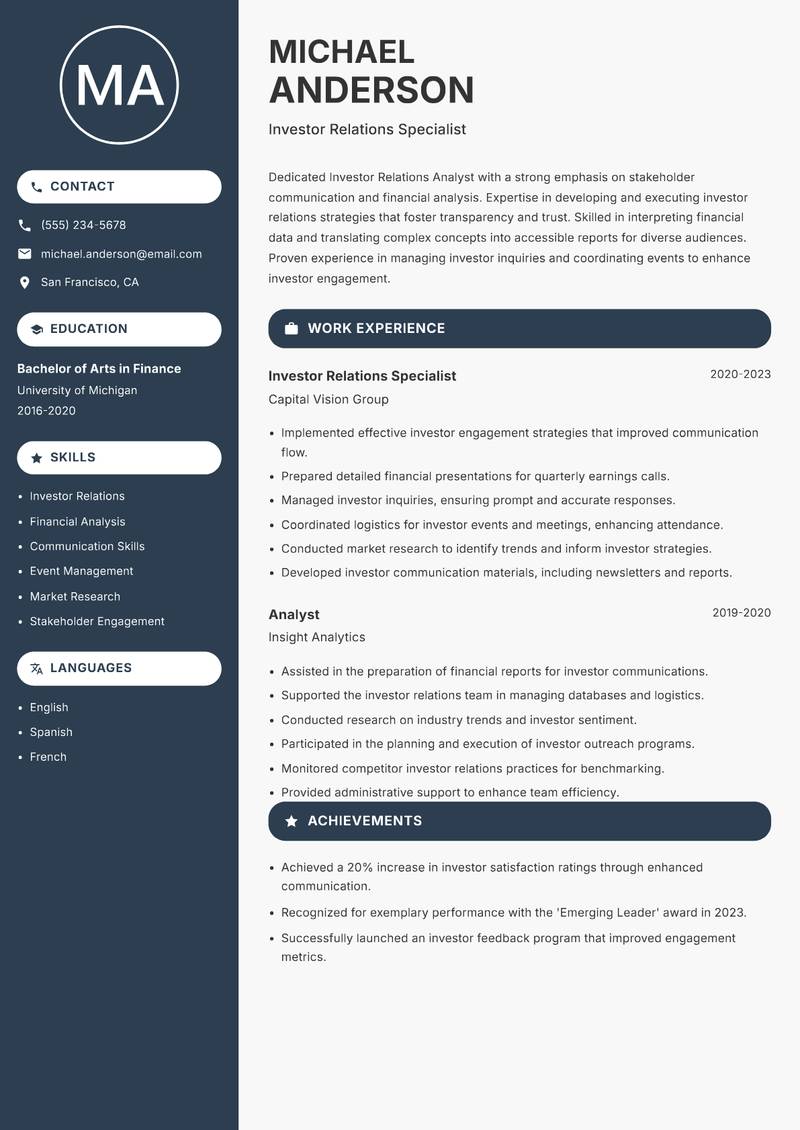 Investor Relations Analyst resume sample — Investor Relations Specialist focus