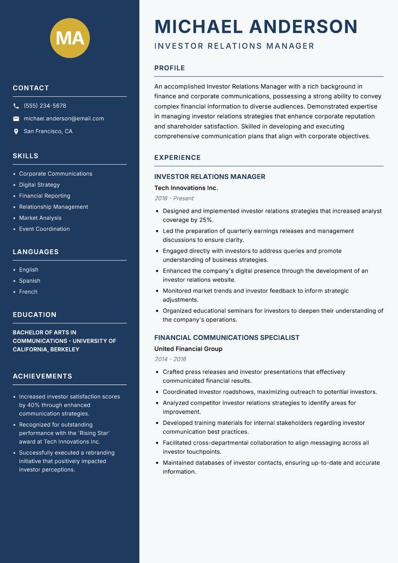 Investor Relations Manager resume sample — Investor Relations Manager focus