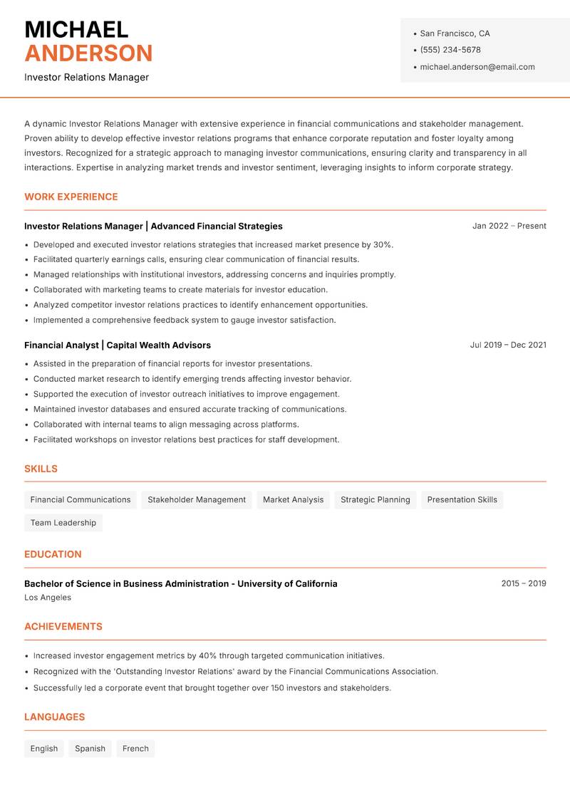 Investor Relations Manager resume sample — Investor Relations Manager focus