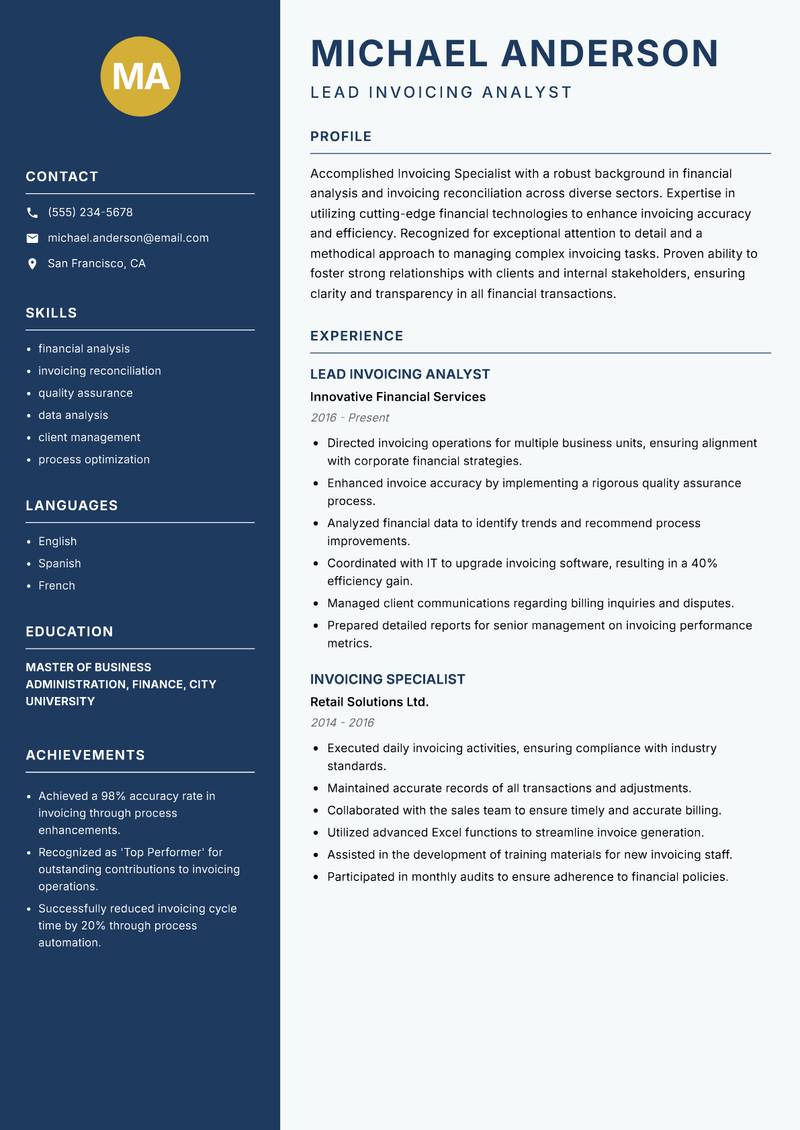 Invoicing Specialist resume sample — Lead Invoicing Analyst focus