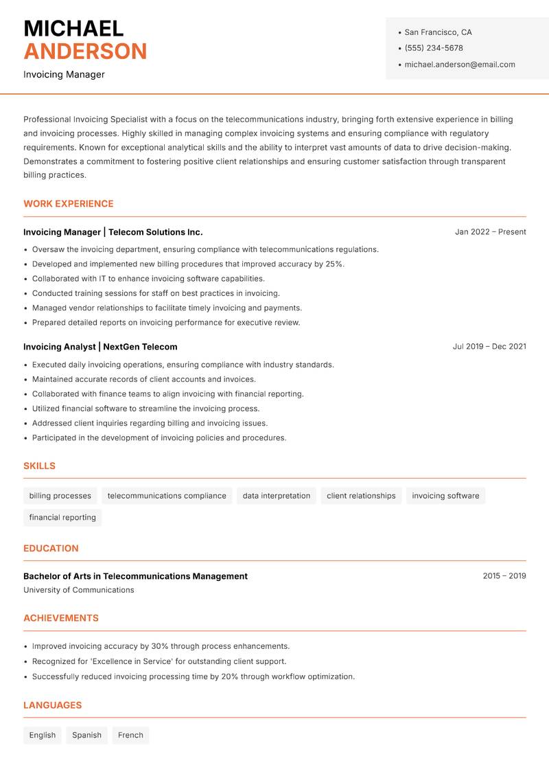 Invoicing Specialist resume sample — Invoicing Manager focus