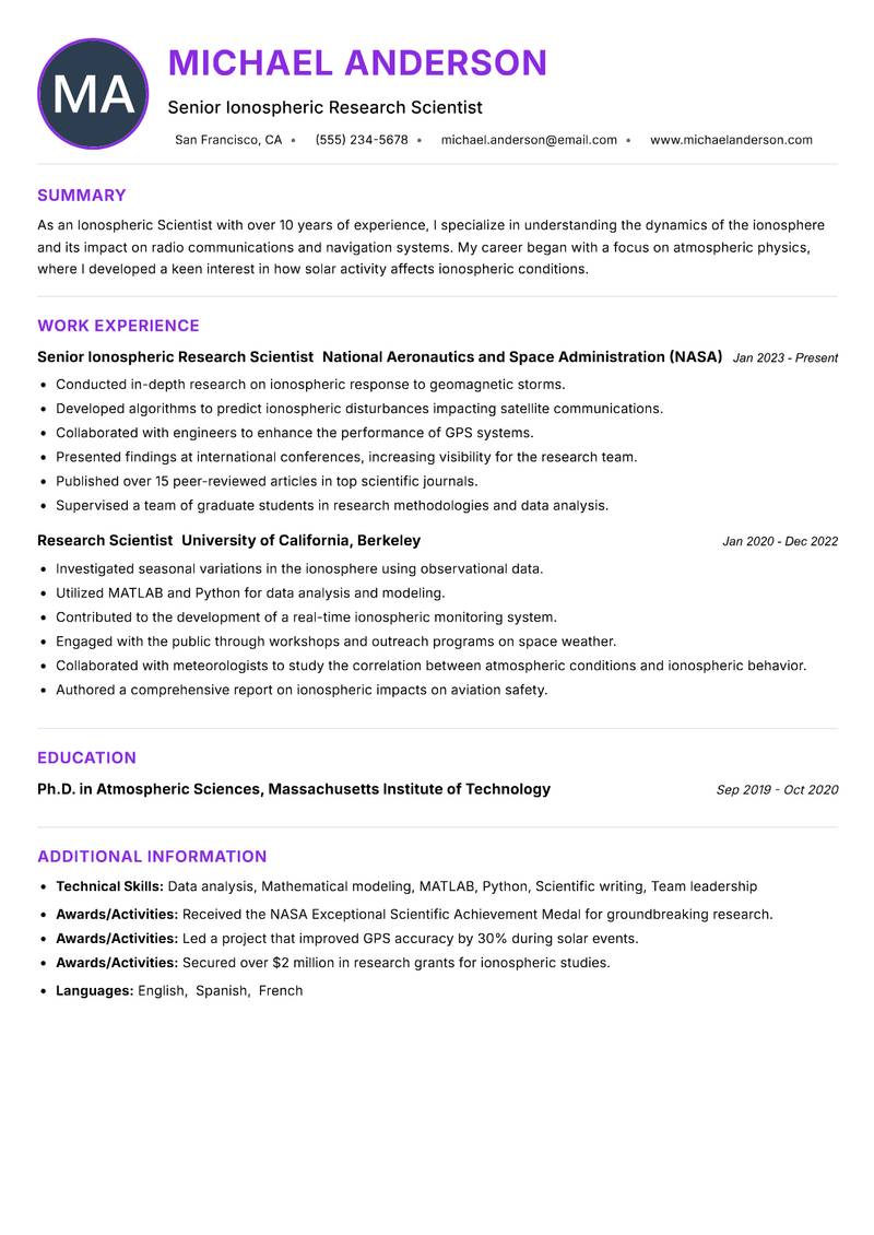 Ionospheric Scientist resume example