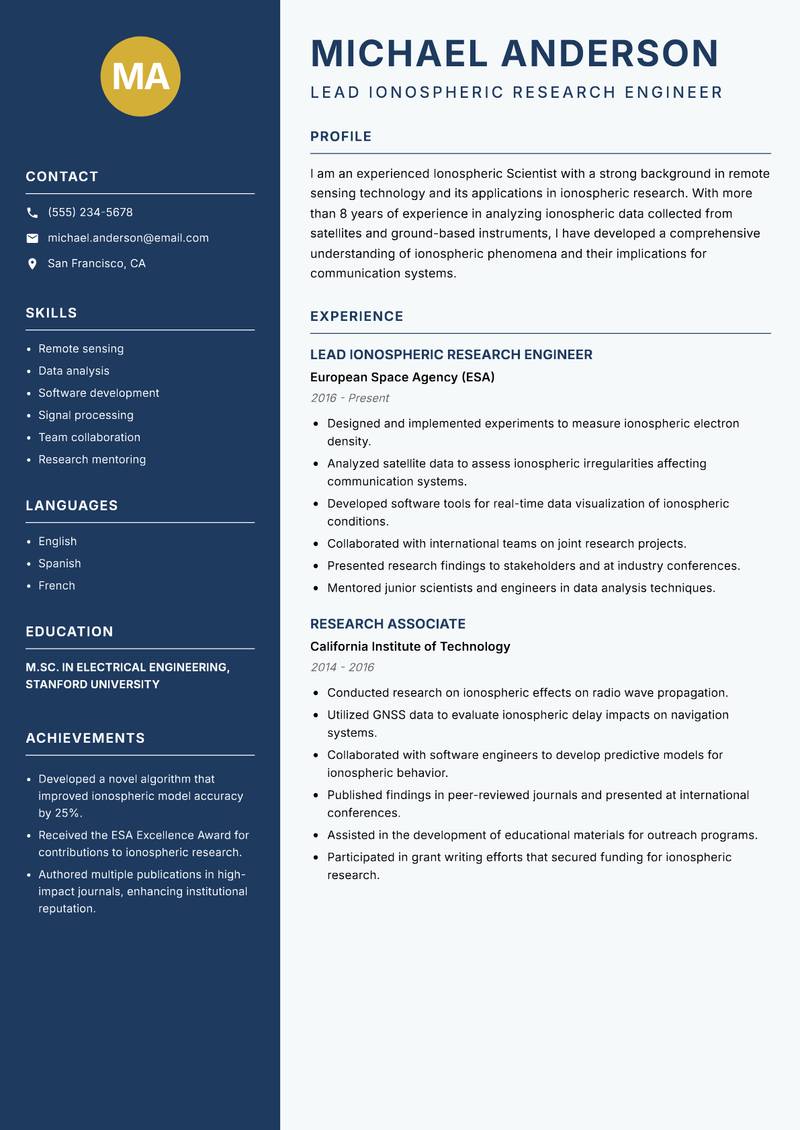 Ionospheric Scientist resume sample — Lead Ionospheric Research Engineer focus