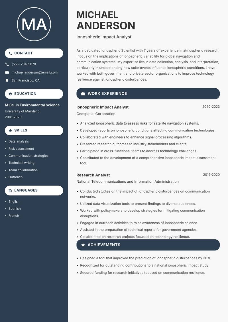 Ionospheric Scientist resume sample — Ionospheric Impact Analyst focus