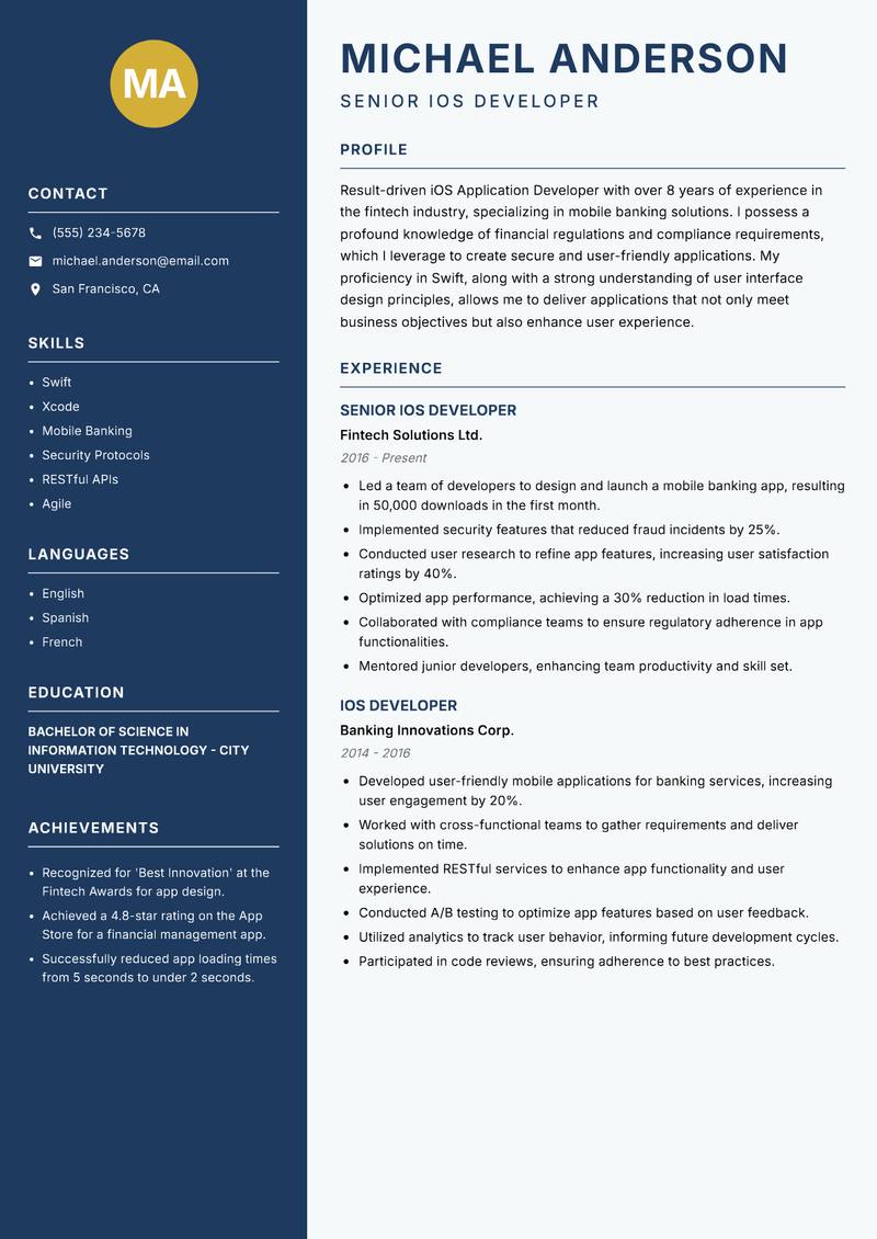 iOS Application Developer resume sample — Senior iOS Developer focus