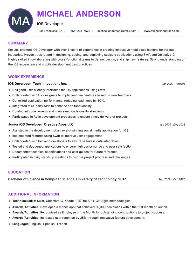 iOS Developer resume example