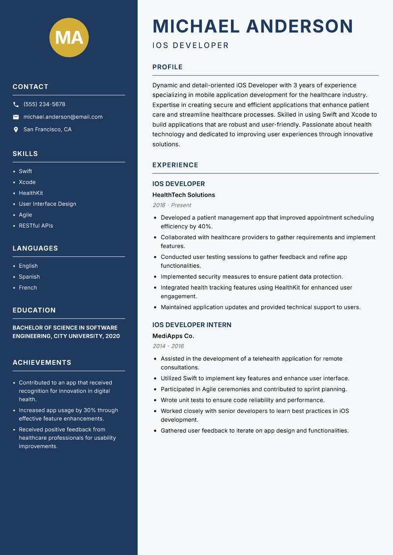 iOS Developer resume sample — iOS Developer focus