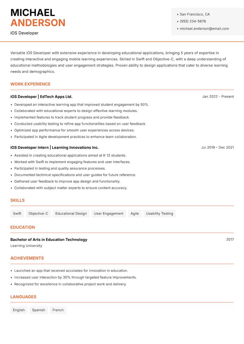 iOS Developer resume sample — iOS Developer focus