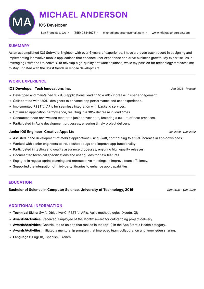 iOS Software Engineer resume example