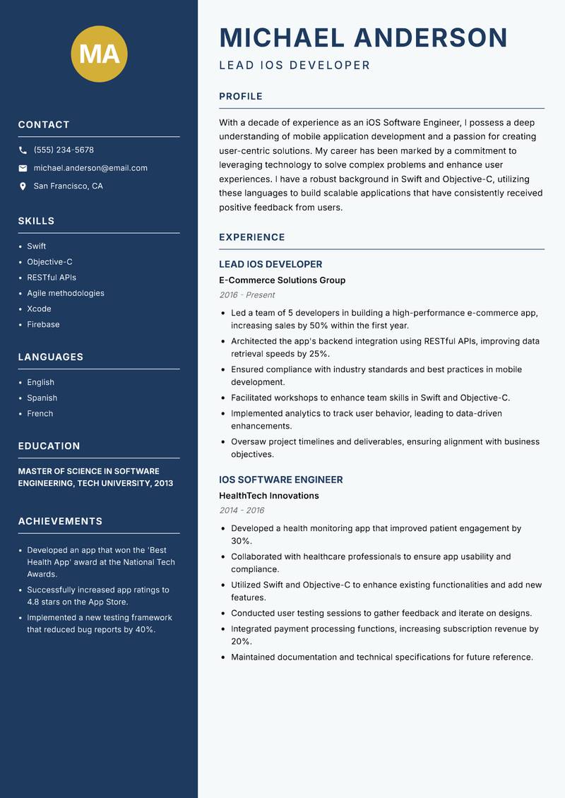 iOS Software Engineer resume sample — Lead iOS Developer focus
