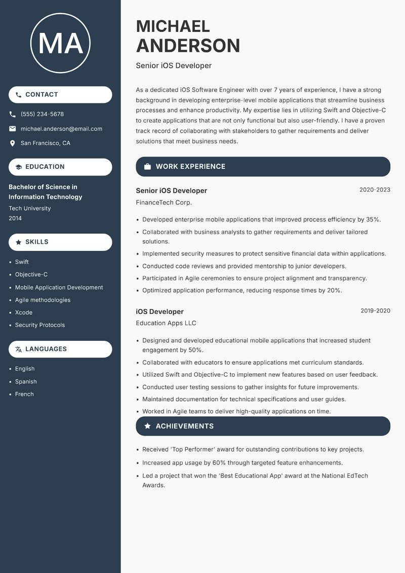 iOS Software Engineer resume sample — Senior iOS Developer focus